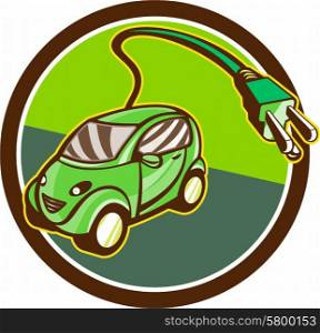 Illustration of a plug-in hybrid electric vehicle with electric plug coming out set inside circle done in retro style.. Plug-in Hybrid Electric Vehicle Circle Retro