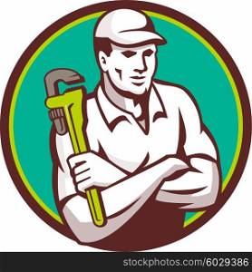 Illustration of a plumber arms crossed holding monkey wrench viewed from front set inside circle on isolated background done in retro style. . Plumber Monkey Wrench Arms Crossed Circle Retro