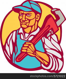 Illustration of a plumber carrying monkey wrench on shoulder set inside circle on isolated background done in retro woodcut linocut style. . Plumber Carry Wrench Circle Woodcut Linocut