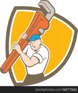 Illustration of a plumber carrying monkey wrench on shoulder set inside shield crest diamond shape on isolated background done in cartoon style.. Plumber Carrying Monkey Wrench Shield Cartoon