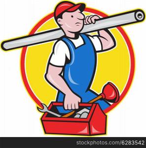 Illustration of a plumber carrying pipe and toolbox running done in cartoon style on isolated background.