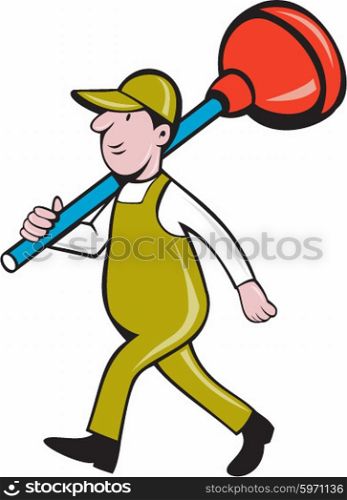 Illustration of a plumber carrying plunger on shoulder walking viewed from the side set on isolated white background done in cartoon style. . Plumber Carrying Plunger Walking Isolated Cartoon