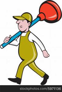Illustration of a plumber carrying plunger on shoulder walking viewed from the side set on isolated white background done in cartoon style. . Plumber Carrying Plunger Walking Isolated Cartoon