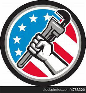 Illustration of a plumber hand holding adjustable pipe wrench in an angled position viewed from the side set inside circle with usa american stars and stripes flag in the background done in retro style. . Plumber Hand Pipe Wrench USA Flag Side Angled Circle