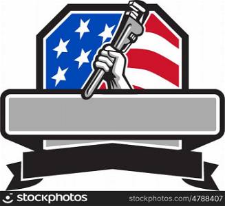 Illustration of a plumber hand holding adjustable pipe wrench viewed from the side set inside shield crest with usa american stars and stripes flag in the background done in retro style. . Plumber Hand Holding Pipe Wrench USA Flag Crest Retro