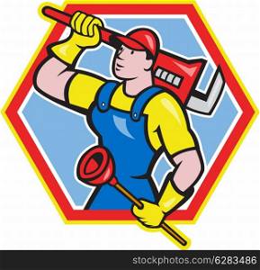 Illustration of a plumber holding carrying monkey wrench on shoulder and holding plunger done in cartoon style on isolated background set inside hexagon. Plumber Holding Plunger Wrench Cartoon