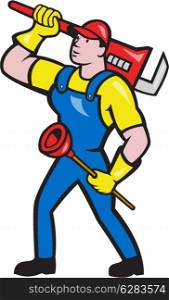 Illustration of a plumber holding carrying monkey wrench on shoulder and holding plunger done in cartoon style on isolated background.. Plumber Carrying Wrench Plunger Cartoon