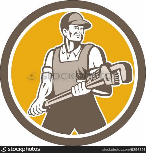 Illustration of a plumber holding giant monkey wrench set inside circle facing front done in retro style on isolated background.. Plumber Holding Giant Wrench Retro Circle