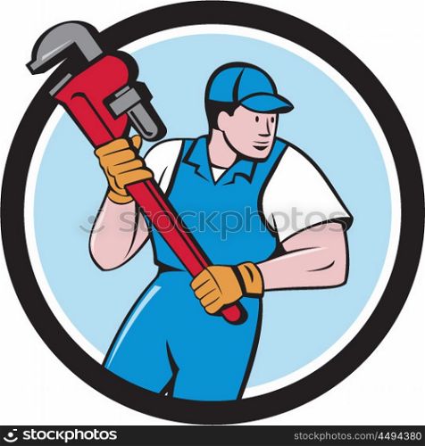 Illustration of a plumber holding giant pipe wrench looking to the side viewed from front set inside circle on isolated background done in cartoon style. . Plumber Holding Pipe Wrench Circle Cartoon