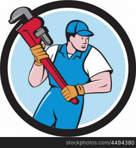 Illustration of a plumber holding giant pipe wrench looking to the side viewed from front set inside circle on isolated background done in cartoon style. . Plumber Holding Pipe Wrench Circle Cartoon