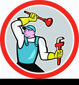 Illustration of a plumber holding monkey wrench and plunger set inside circle done in cartoon style on isolated white background. . Plumber Holding Wrench Plunger Cartoon