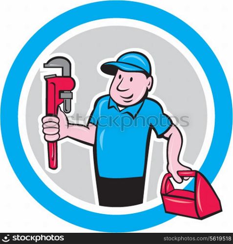 Illustration of a plumber holding monkey wrench and toolbox set inside circle done in cartoon style on isolated background.