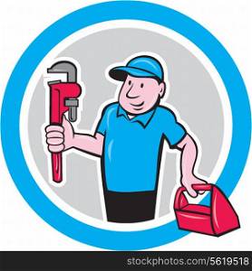 Illustration of a plumber holding monkey wrench and toolbox set inside circle done in cartoon style on isolated background.