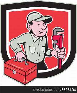 Illustration of a plumber holding monkey wrench and toolbox set inside shield crest done in cartoon style on isolated background.. Plumber Toolbox Monkey Wrench Shield Cartoon