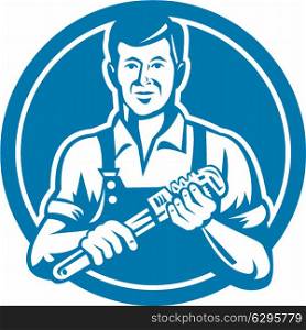 Illustration of a plumber holding monkey wrench facing front set inside circle on isolated background done in retro style. . Plumber Holding Wrench Circle Retro