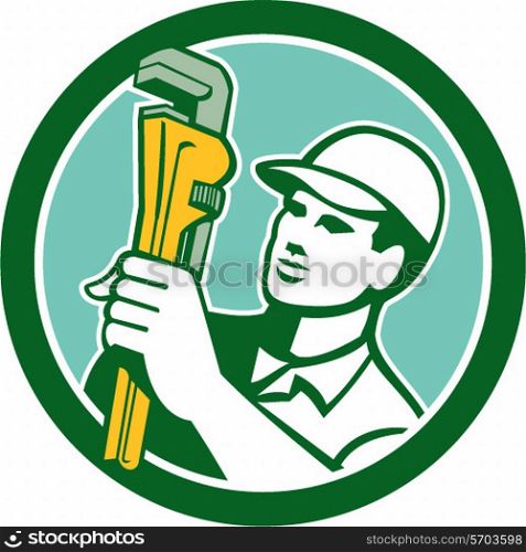 Illustration of a plumber holding monkey wrench looking to the side set inside circle on isolated background done in retro style. . Plumber Holding Wrench Circle Retro
