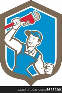 Illustration of a plumber holding monkey wrench on isolated background set inside shield crest done in cartoon style.. Plumber Holding Monkey Wrench Shield Cartoon
