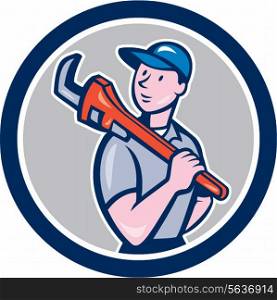 Illustration of a plumber holding monkey wrench on shoulder set inside circle on isolated background done in cartoon style.. Plumber Holding Monkey Wrench Circle Cartoon