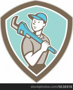 Illustration of a plumber holding monkey wrench on shoulder set inside shield crest on isolated background done in cartoon style.. Plumber Holding Monkey Wrench Shield Cartoon