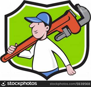Illustration of a plumber holding monkey wrench on shoulder walking viewed from side set inside shield crest on isolated background done in cartoon style. . Plumber Holding Monkey Wrench Crest Cartoon