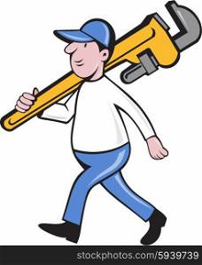 Illustration of a plumber holding monkey wrench on shoulder walking viewed from side set on isolated white background done in cartoon style. . Plumber Holding Monkey Wrench Isolated Cartoon