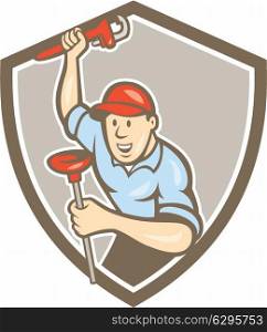 Illustration of a plumber holding monkey wrench raised high and plunger viewed from front set inside shield crest done in cartoon style on isolated background. . Plumber Wrench Plunger Front Shield Cartoon