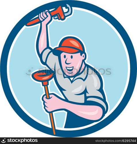 Illustration of a plumber holding monkey wrench with raise hands and plunger viewed from front set inside circle done in cartoon style on isolated background. . Plumber Holding Wrench Plunger Circle Cartoon