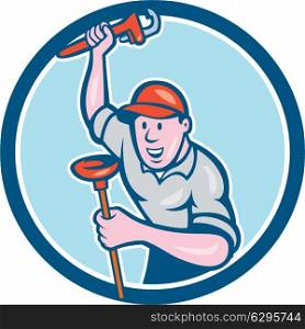 Illustration of a plumber holding monkey wrench with raise hands and plunger viewed from front set inside circle done in cartoon style on isolated background. . Plumber Holding Wrench Plunger Circle Cartoon