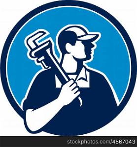 Illustration of a plumber holding pipe wrench on shoulder looking to the side viewed from front set inside circle on isolated background done in cartoon style. . Plumber Holding Pipe Wrench Circle Retro