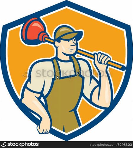 Illustration of a plumber holding plunger on shoulder set inside shield crest done in cartoon style on isolated background.