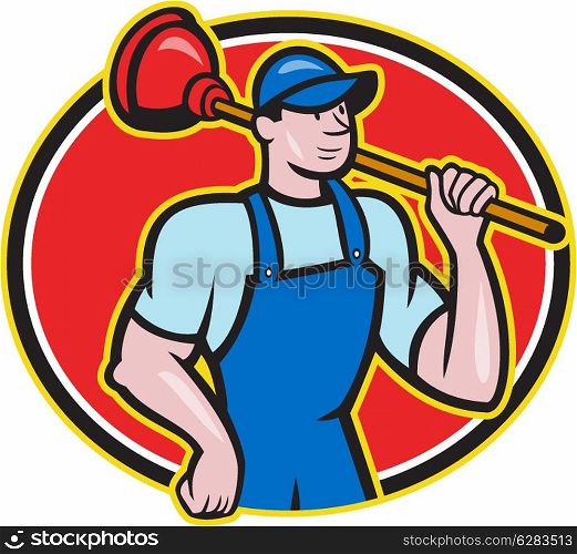 Illustration of a plumber holding plunger set inside oval done in cartoon style on isolated background.. Plumber Holding Plunger Cartoon