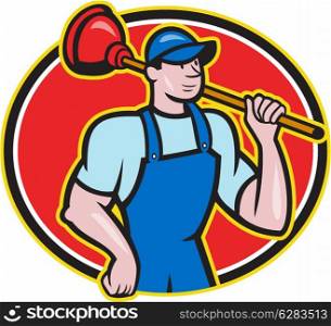 Illustration of a plumber holding plunger set inside oval done in cartoon style on isolated background.. Plumber Holding Plunger Cartoon