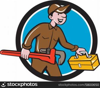 Illustration of a plumber in overalls and hat carrying monkey wrench and toolbox viewed from the side set inside circle on isolated background done in cartoon style. . Plumber Carrying Monkey Wrench Toolbox Circle