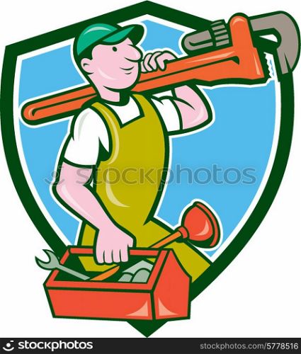 Illustration of a plumber in overalls and hat holding monkey wrench on shoulder and carrying toolbox viewed from the side set inside shield crest on isolated background done in cartoon style. . Plumber Carrying Monkey Wrench Toolbox Crest