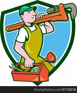 Illustration of a plumber in overalls and hat holding monkey wrench on shoulder and carrying toolbox viewed from the side set inside shield crest on isolated background done in cartoon style. . Plumber Carrying Monkey Wrench Toolbox Crest