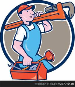 Illustration of a plumber in overalls and hat holding monkey wrench on shoulder and carrying toolbox viewed from the side set inside circle on isolated background done in cartoon style. . Plumber Carrying Monkey Wrench Toolbox Circle