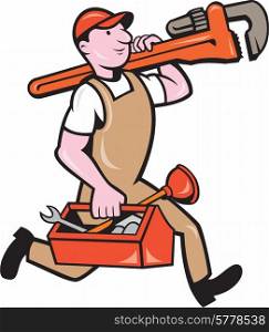 Illustration of a plumber in overalls and hat holding monkey wrench on shoulder and carrying toolbox running viewed from the side set on isolated white background done in cartoon style. . Plumber Carrying Monkey Wrench Toolbox Running
