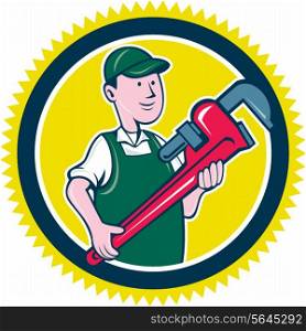 Illustration of a plumber in overalls and hat holding monkey wrench set inside rosette shape on isolated background done in cartoon style.. Plumber Monkey Wrench Rosette Cartoon