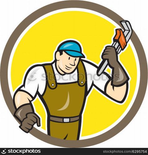 Illustration of a plumber in overalls and hat holding monkey wrench set inside circle on isolated background done in cartoon style.. Plumber Monkey Wrench Circle Cartoon