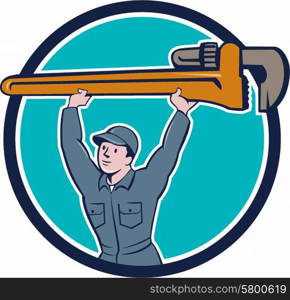 Illustration of a plumber in overalls and hat lifting giant monkey wrench viewed from front set inside circle on isolated background done in cartoon style. . Plumber Lifting Monkey Wrench Circle Cartoon