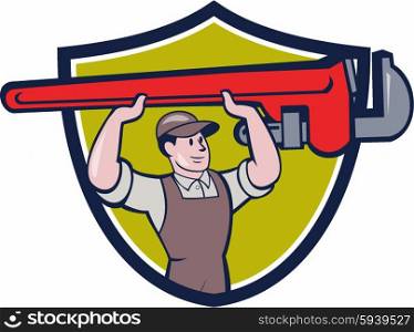 Illustration of a plumber in overalls and hat lifting giant monkey wrench over head looking to the side viewed from front set inside shield crest on isolated background done in cartoon style. . Plumber Lifting Monkey Wrench Crest Cartoon