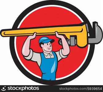 Illustration of a plumber in overalls and hat lifting giant monkey wrench over head looking to the side viewed from front set inside circle on isolated background done in cartoon style.