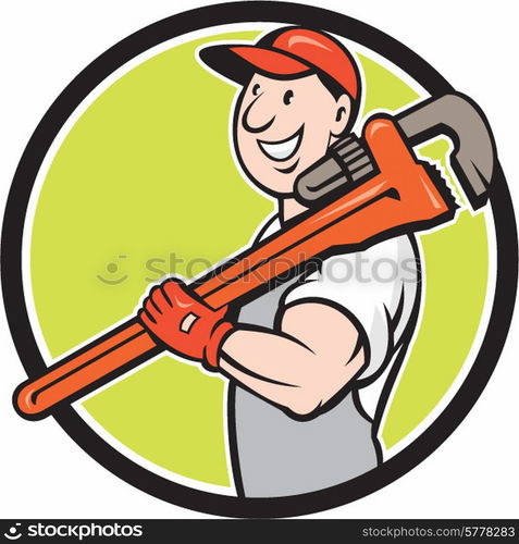 Illustration of a plumber in overalls and hat smiling holding monkey wrench on shoulder set inside circle shape on isolated background done in cartoon style.. Plumber Smiling Holding Monkey Wrench Circle Cartoon