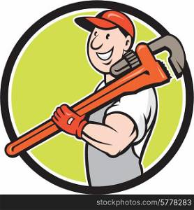 Illustration of a plumber in overalls and hat smiling holding monkey wrench on shoulder set inside circle shape on isolated background done in cartoon style.. Plumber Smiling Holding Monkey Wrench Circle Cartoon