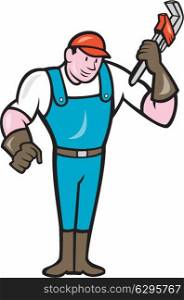 Illustration of a plumber in overalls and hat standing holding monkey wrench set on isolated white background done in cartoon style.. Plumber Standing Monkey Wrench Cartoon