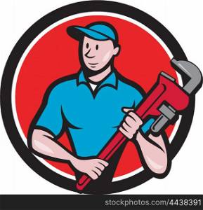 Illustration of a plumber in overalls and hat standing looking to the side holding monkey wrench viewed from front set inside circle on isolated background done in cartoon style.. Plumber Holding Monkey Wrench Circle Cartoon