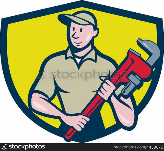 Illustration of a plumber in overalls and hat standing looking to the side holding monkey wrench viewed from front set inside shield crest on isolated background done in cartoon style.. Plumber Holding Monkey Wrench Crest Cartoon