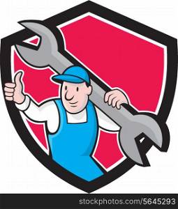 Illustration of a plumber in overalls and hat thumbs up holding monkey wrench set inside shield crest on isolated background done in cartoon style.. Plumber Thumbs Up Monkey Wrench Cartoon