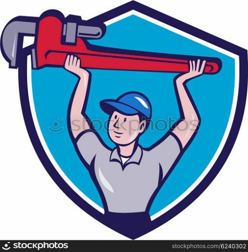 Illustration of a plumber lifting giant monkey wrench over head looking to the side viewed from front set inside shield crest on isolated background done in cartoon style. . Plumber Lifting Monkey Wrench Crest Cartoon
