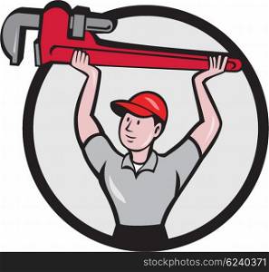 Illustration of a plumber lifting giant monkey wrench over head looking to the side viewed from front set inside circle on isolated background done in cartoon style. . Plumber Lifting Monkey Wrench Circle Cartoon